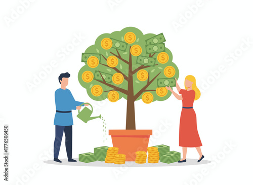 A flat vector illustration depicting business investment profits, using revenue and income as metaphors, featuring a businessman and businesswoman harvesting cash from a money tree to illustrate