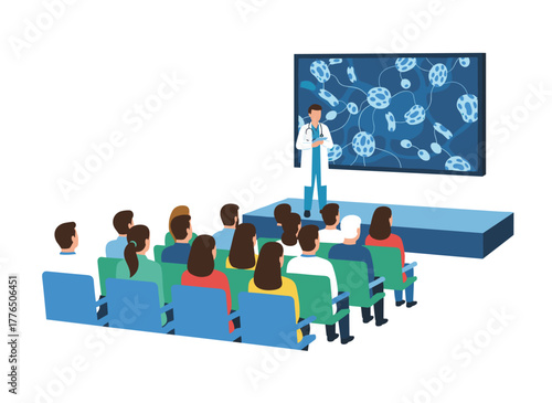 A group of doctors and scientists attentively listens to a medical conference speaker, while a professor of medicine delivers a lecture or presents scientific research, depicted in a colored flat