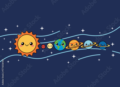Playful childlike planets displayed in a flat row vector illustration, charming celestial bodies with smiling faces lined up in outer space, and colorful cartoon astronomical objects in the night sky