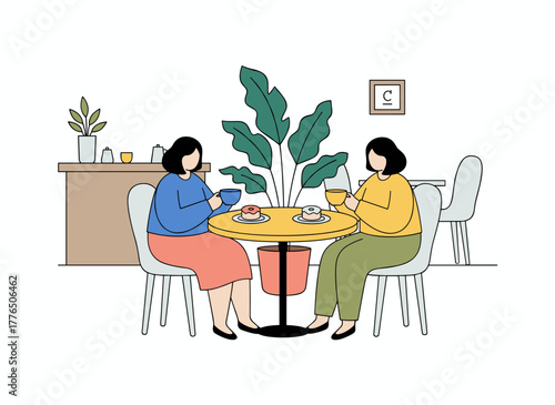 Illustration of female friends sipping tea together in a cafe, smiling and gossiping while spending time alone, with people enjoying a coffee break at a table in a public place