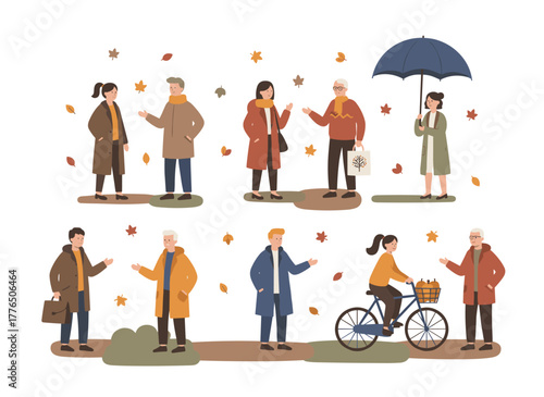 A flat cartoon vector illustration shows a group of tiny people in autumn clothing strolling down a street and engaging in outdoor activities, with men and women depicted against a white background