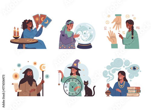 Illustration of a group of female fortune tellers using tarot cards, a glass sphere, a crystal ball, a black cat, candles, a snake, and palmistry to predict the future, presented as a flat vector