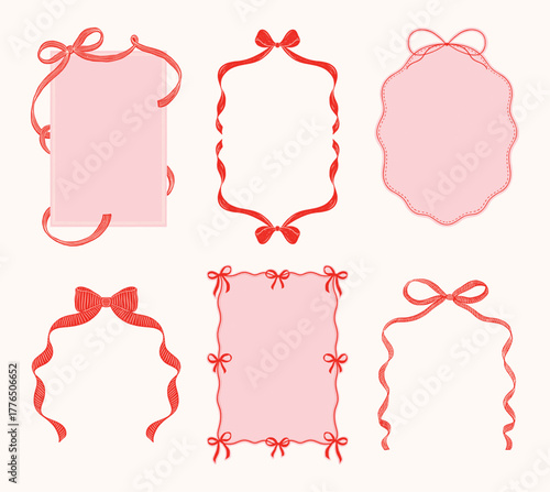 Hand-drawn ribbon and bow frames in retro vintage style for greeting cards, invitations and festive decoration, vector illustration.