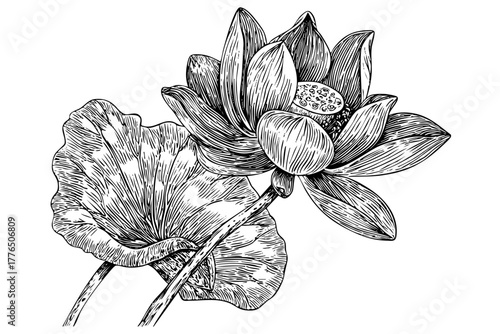 Elegant lotus flower illustration, detailed bloom and large green leaf. Sacred water lily line art drawing.