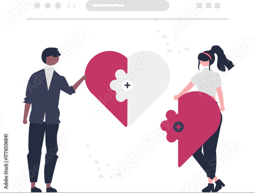 Modern vector illustration depicting diverse individuals connecting and forming relationships through online dating platforms and mobile applications