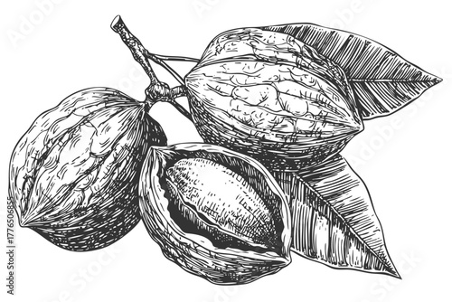Hand drawn pecan nuts illustration, with shells and green leaves. Engraved healthy snack food vector.