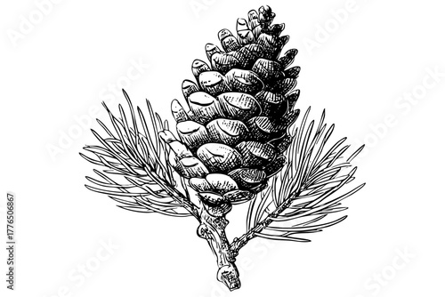 Realistic pine cone illustration surrounded by detailed pine needles, hand drawn sketch style, perfect for botanical themes, isolated on white.