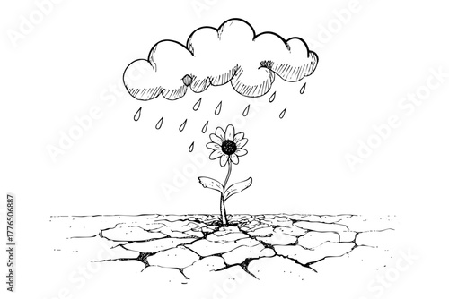 Resilient flower growing from dry cracked earth under a rain cloud; hope in drought conditions hand drawn illustration; nature survival sketch.