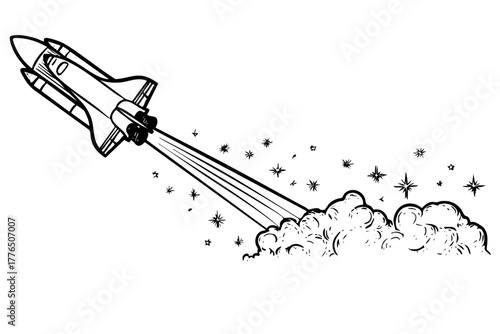 Space shuttle rocket launch hand drawn sketch. Outline object illustration. Doodle graphic art isolated white background
