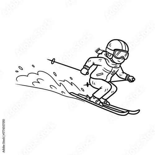 A skier is skiing down the slope, wearing a helmet and goggles, with snow spraying around him