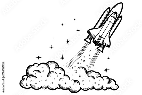 Space shuttle rocket launch hand drawn sketch. Outline object illustration. Doodle graphic art isolated white background