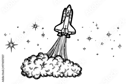 Space shuttle launching hand drawn sketch. Rocket smoke outline object illustration. Doodle graphic art isolated vector