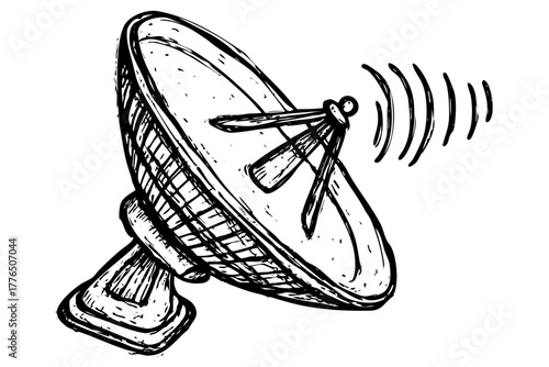 Satellite dish broadcasting signals; doodle style communication antenna; hand drawn receiver transmitting information, black white vector art.
