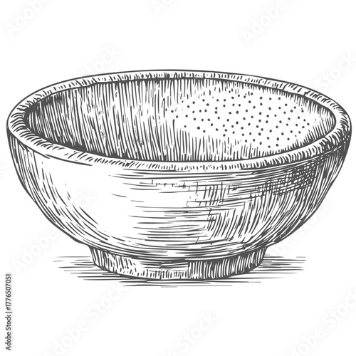 Hand drawn empty colander bowl with drain holes. Kitchen sieve utensil. Ink sketch of culinary draining tool.