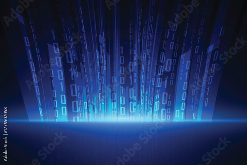 Abstract blue binary code data flowing up like columns or light beams. Technology background for coding, hacking, big data, and matrix concept. vector eps10