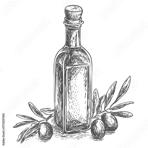 Classic olive oil bottle surrounded by branches, ripe olives, botanical engraving, food ingredient, Mediterranean cuisine, cooking element.