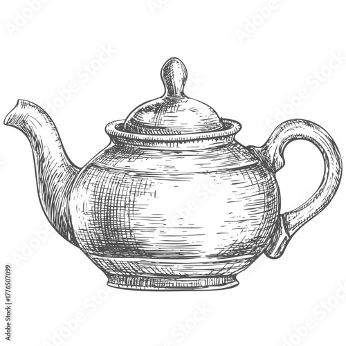Tea pot illustration kitchenware utensil beverage brewing equipment classic design object hot drink preparation sketch style image.