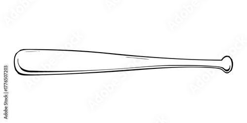 Wooden sport equipment outline, classic baseball bat drawing, traditional game tool sketch, American sport line art.