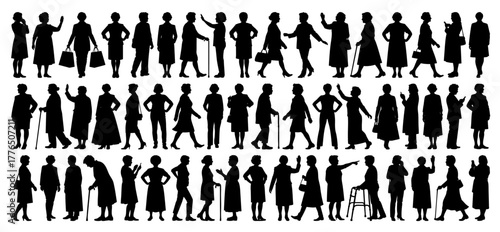 Elderly Woman Black Silhouette Vector Big Collection - Senior Female Poses and Activities, Transparent Background
