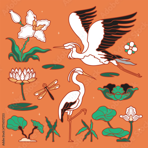 Batik stork and water plant elements
