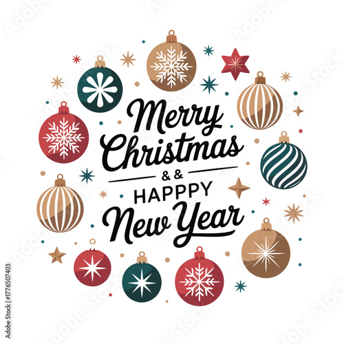 Merry Christmas and Happy New Year greeting with ornaments and snowflakes.