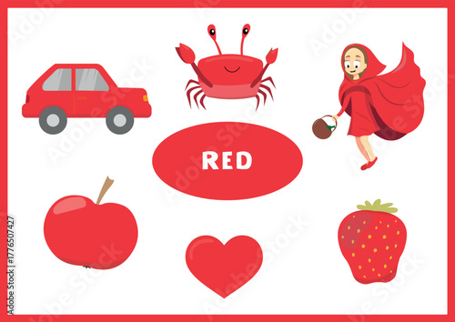 Learn the red color. Education set of one color objects. Vector flat illustration for posters, worksheets and activities for kids.