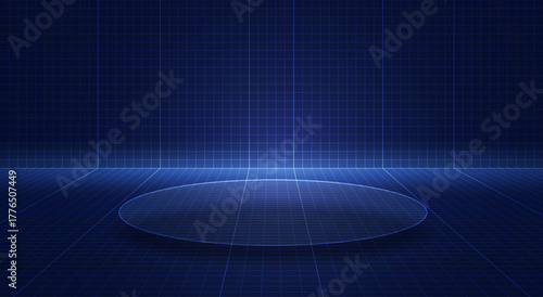 Futuristic podium or product stage with a glowing blue grid floor and background. Empty scene for technology, VR, and product display. vector eps10