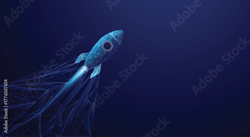 Low poly rocket launch from connected wireframe lines. Abstract concept for business startup, innovation, and technology growth. vector eps10