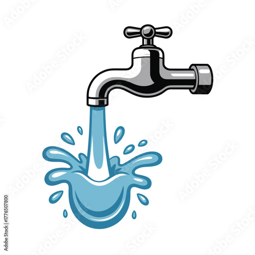 Water flows from a faucet and creates a splash in cartoon style.