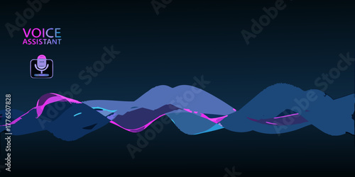 Abstract voice assistant waveform with microphone icon and neon sound waves on dark background
