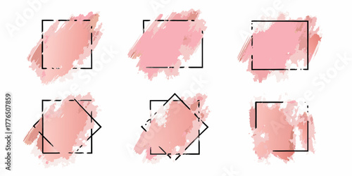 Collection of six abstract pink watercolor brush stroke frames with black geometric borders
