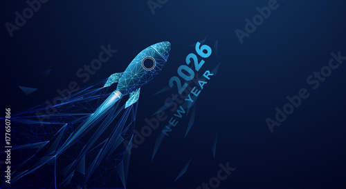 Low poly wireframe rocket flying with "2026 New Year" text. Futuristic banner for new year's goals, technology, and success. vector eps10