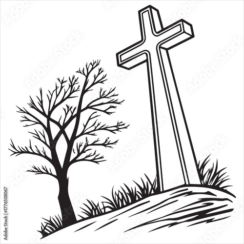 christian cross  outline black vector