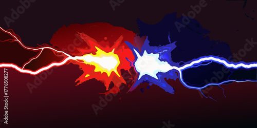 Abstract clash of red and blue energy lightning bolts colliding in a vibrant explosion of light and color