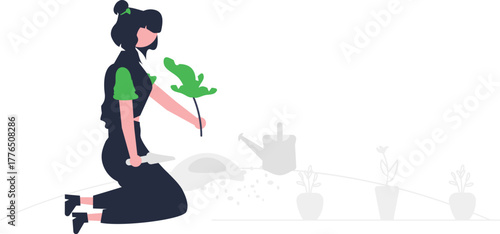 Whimsical illustration of a person tending to plants and flowers in a garden symbolizing growth and nature