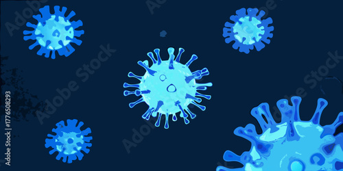Abstract representation of blue coronavirus particles floating in dark blue space with grunge texture