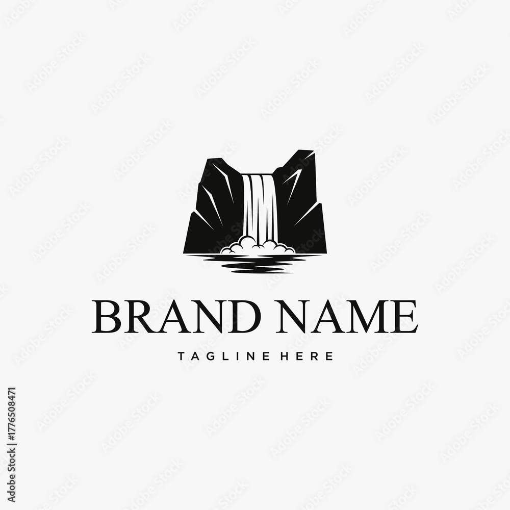 Obraz premium Monochrome waterfall logo design between rocky cliffs.