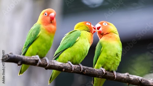 A trio of vibrant green and orange Fischer's lovebirds interact affectionately while sitting together on a tree limb in nature