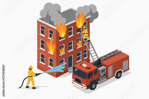 Brave firefighters battling flames on burning building, heroic rescue effort, safety first, community support