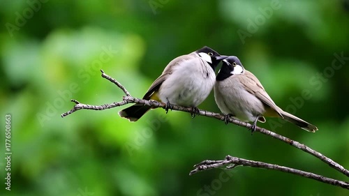 An intimate and tender moment between a pair of White-eared Bulbuls perched closely on a thin branch, symbolizing love and affection in the wild