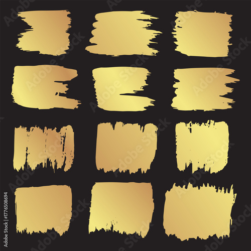 Golden brushstroke. Set of dirty textures. Frame, background, or text frame. Vector.