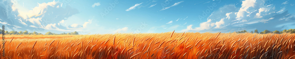 Naklejka premium ripe golden wheat field stretching to the horizon beneath a bright blue sky with fluffy clouds. Generative ai raster illustration. Wide banner image