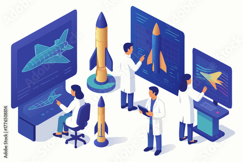 Innovative team designing futuristic rockets and aircraft in modern research laboratory setting