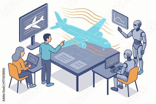 Innovative team designing future airplane with holographic technology and robots for efficiency