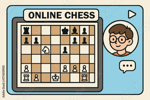 Young boy playing online chess on a tablet computer screen illustration