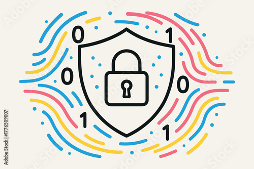 Digital security shield with padlock and binary code data protection concept