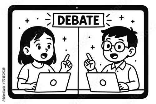 Two cartoon children engaged in an online debate on a tablet screen