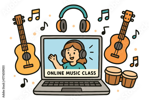 Happy girl in headphones learning guitar in online music class on laptop