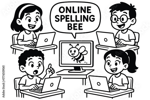 Children participating in an online spelling bee competition using laptops and computers