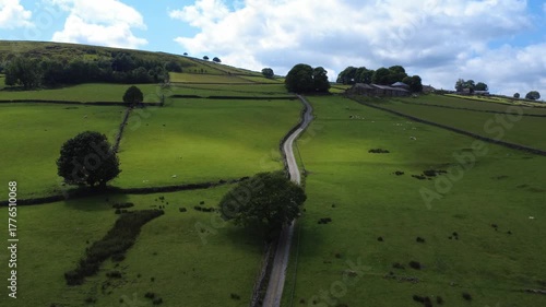 Aerial view Spencer Lane outside Hebden Bridge, A narrow cobbled lane set in West Yorkshire countryside that leads to old chamber